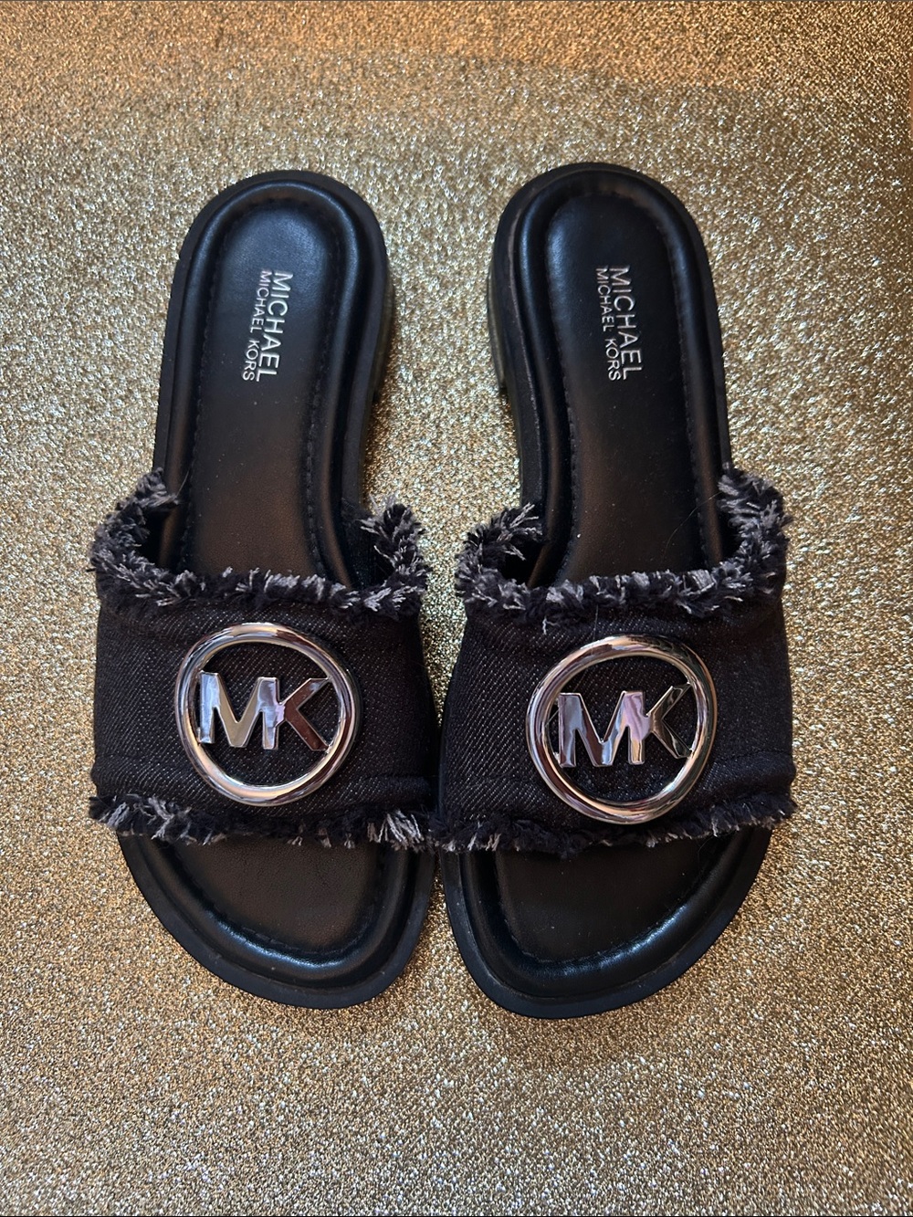 MICHAEL Michael Kors Black Frayed MK Logo Slide Sandals